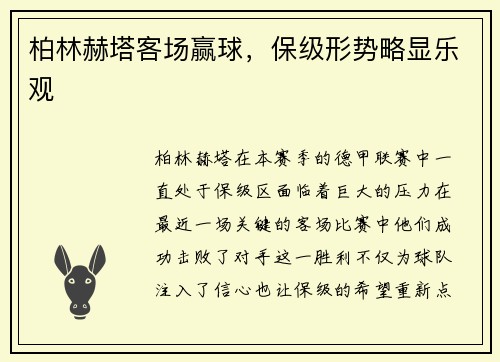 柏林赫塔客场赢球，保级形势略显乐观