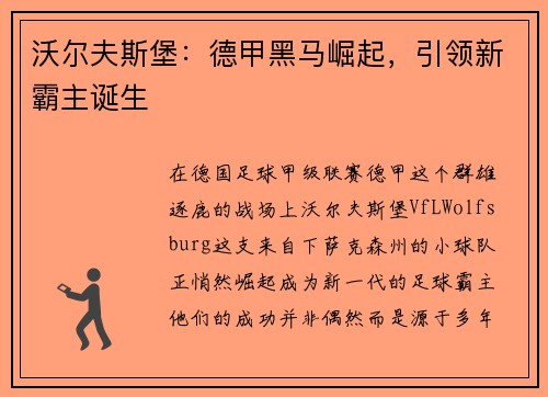 沃尔夫斯堡：德甲黑马崛起，引领新霸主诞生