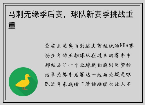 马刺无缘季后赛，球队新赛季挑战重重